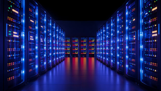 Rows of glowing blue server racks in a dark data center tunnel creating a futuristic technology concept