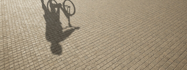 Concept or conceptual background of floor texture surface with a human shadow as silhouette. A 3d illustration metaphor for biking recreation workout, healthy lifestyle for fun leisure cycling design