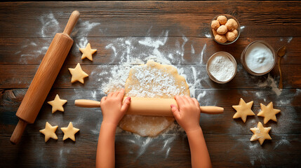 Child rolling out cookie dough on wooden table surrounded by star-shaped cookies, flour and baking ingredients