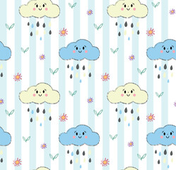 sweet clouds and hearts with striped blue background. pastel design, seamless pattern with a playful and dreamy feel, perfect for kids' textiles, packaging. cute background for baby room decor