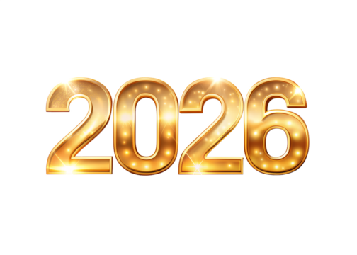 Illuminated golden 2026 sign isolated on transparent background for new year celebration