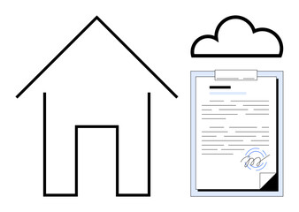 House outline, digital cloud, signed document combining real estate and technology. Ideal for real estate, contracts, digital tools, online approvals, cloud storage, remote work simple flat metaphor
