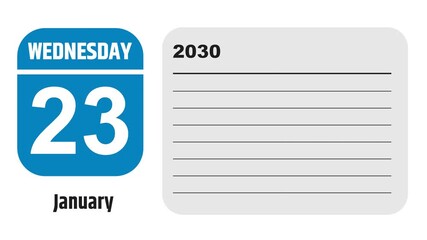 January 23, 2030: Animated 2028 planner showcasing January calendar, highlighting January 23rd with space for tasks, notes, and to-do lists.