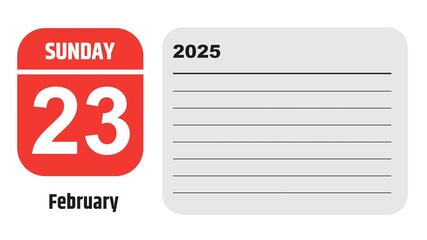 February 23, 2025: Animated 2029 planner showcasing February calendar, highlighting February 23rd with space for tasks, notes, and to-do lists.