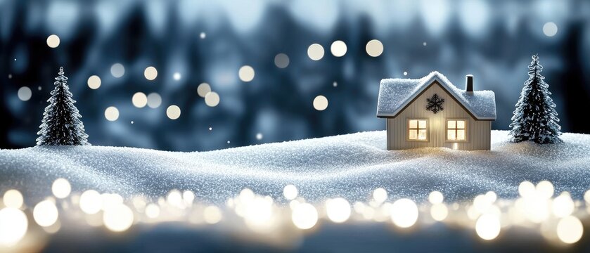 A small cottage glows with warm light while snow falls softly on a serene winter night surrounded by dark evergreen trees