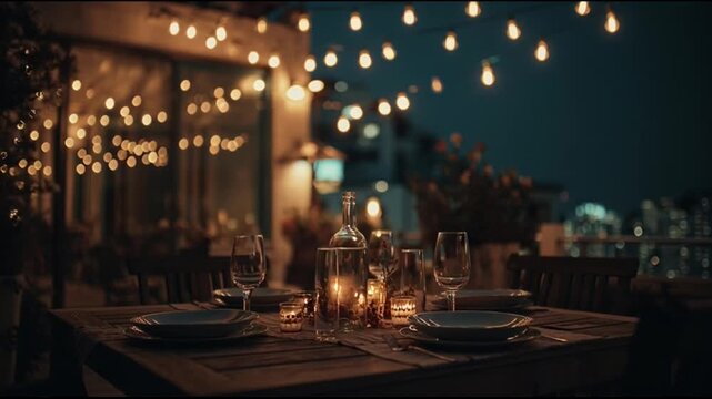 Romantic Rooftop Dinner Under String Lights Cinematic