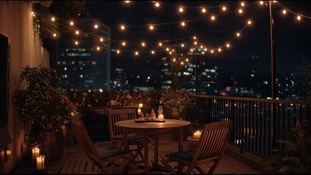 Romantic Rooftop Dinner Under String Lights Cinematic