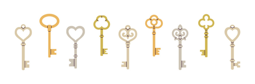 Ornate vintage keys collection in neutral beige and gold tones. Hand drawn vector illustration of antique metal keys arranged in a row, isolated on white
