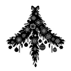 Black silhouette of a decorated Christmas tree with ornaments  