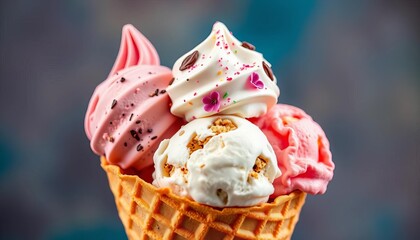 Three scoops of assorted ice cream in a waffle cone,  sugar,   macro