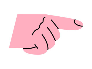 Hand drawn cute illustration of pointing finger. Flat vector showing signal arm sign doodle. Direction choosing forefinger sticker. Choice or indicate human hand gesture icon. Isolated.