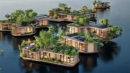 Sustainable floating homes integration with nature offering tranquil living experience