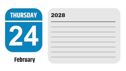 February 24, 2028: Animated 2026 planner showcasing February calendar, highlighting February 24th with space for tasks, notes, and to-do lists.
