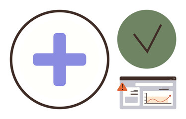 Fototapeta premium Blue plus symbol, green circle with checkmark, and webpage with warning alert. Ideal for health, approval, notification, system alert, success, risk assessment simple flat metaphor