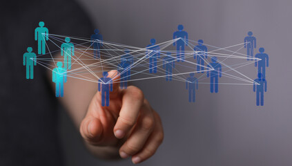 Hand touching digital network. Business, teamwork, global connection and communication concept....