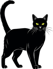 Alert black cat with yellow eyes standing upright, sleek fur, Halloween symbol, spooky pet animal vector illustration for decoration design.