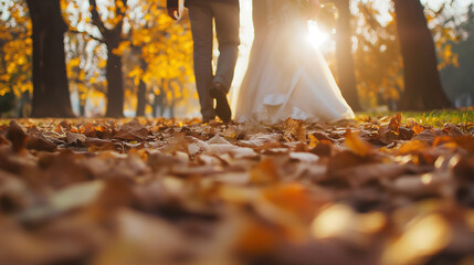 Bride and groom walking hand in hand on a path covered with autumn leaves