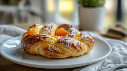 Delicious pastry with orange filling, sweet, on a white plate, with a bright background

