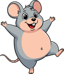 Cheerful cartoon mouse character with pink ears and belly, joyful pose, playful expression, standing on one foot, kids illustration