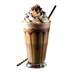 Chocolate Milkshake with Whipped Cream Chocolate Drizzle and Straw frappe iced coffee isolated on a transparent background