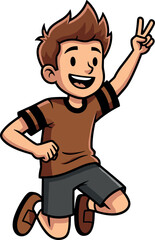 Happy cartoon boy jumping with peace sign, energetic pose, joyful expression, casual outfit, dynamic movement, cheerful child character illustration design.