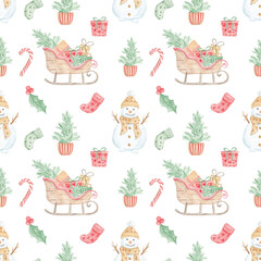 Watercolor winter pattern. New Year's print. Merry Christmas. Christmas seamless pattern. Christmas tree, gifts. Snowman in a scarf. Winter mood. December. January. Winter holidays. Gift wrapping pape