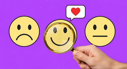 Magnifying glass over happy face with love symbol and sad neutral faces image
