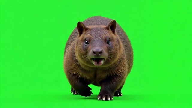 Adorable wombat waddling forward against a vibrant green screen backdrop for seamless integration into your next creative project