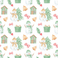 Watercolor winter pattern. New Year's print. Merry Christmas. Christmas seamless pattern. Christmas tree, gifts. Snowman in a scarf. Winter mood. December. January. Winter holidays. Gift wrapping pape
