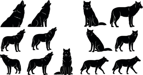 Set of black wolf silhouettes in various poses including howling, walking, sitting, standing, ideal for wildlife and nature design.