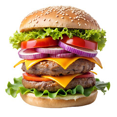Double Cheeseburger with Lettuce Tomato Onion and Sesame Seed Bun double burger hamburger isolated on a transparent background