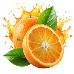 Fresh orange fruit and half orange with splashing juice and green leaves on black background citrus juicy isolated on a transparent background