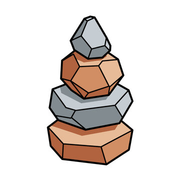 This clear illustration presents a perfectly balanced stack of four distinct, faceted geometric stones, alternating between warm brown and cool grey, symbolizing stability and peace.