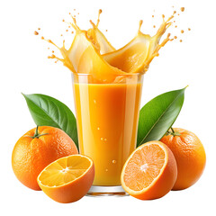 Orange Juice Splash in a Glass Surrounded by Oranges and Green Leaves on Black Background liquid beverage isolated on a transparent background