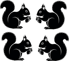 Symmetrical squirrel silhouettes holding acorns in vector style, black forest animals in decorative grid layout for nature-themed design content.