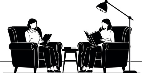 Two People in Armchairs Having a Calm Discussion Indoors with Books and Lamp in Cozy Minimalist Black and White Setting