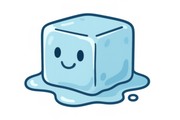 Melting ice cube character becoming a puddle, cheerful cartoon ice block with a happy smiling face, transparent background