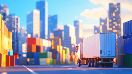 Obraz premium Truck transports cargo in vibrant urban setting filled with colorful shipping containers, showcasing bustling supply chain