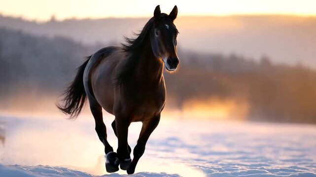 Beautiful horse running through snowy field at sunrise, festive winter atmosphere, symbol of strength and freedom, Happy New Year 2026 horse 2026