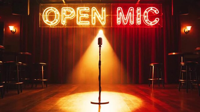 An "OPEN MIC" neon sign over a stage, lit with a spotlight and a microphone