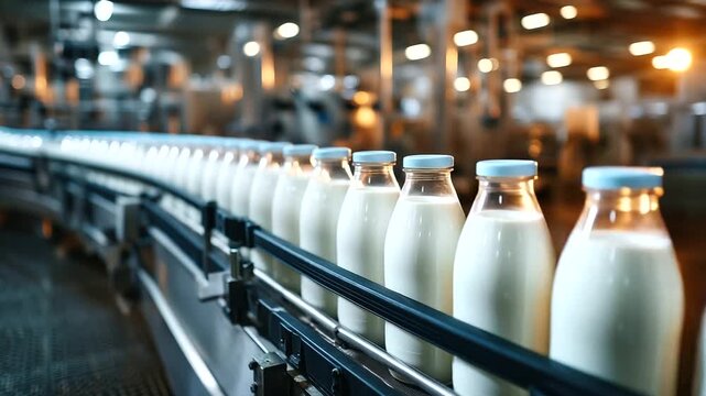 bottles on production line in modern dairy factory, clean industrial setting, stainless steel equipment, cold lighting, high quality food manufacturing 