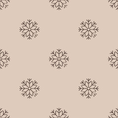 Seamless Christmas pattern. Grunge grainy snowflake texture. Festive endless vintage print. New Years flat vector. For textile, wallpaper, wrapping design. Dark snowflakes on beige background.