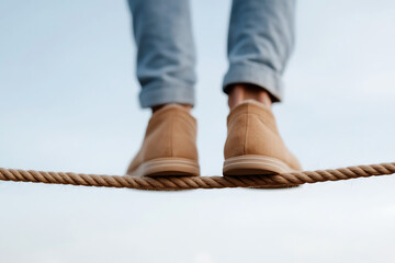 A person walking on a rope. Wearing casual shoes and jeans, they maintain balance against a light blue sky. Represents challenges, balance, and the journey of life.