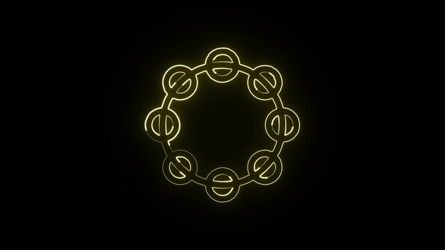 Glowing neon line tambourine with rhythmic shake animation. Music instrument animation HD video isolated on black background.