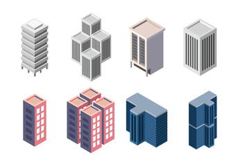 Isometric commercial and residential building. Modern architecture. Smart isometric building game assets. Business center building 3d render illustration with windows. Simple icon white colors. 