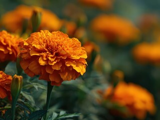 Lush Orange Marigold Flower in Bloom Among Green Buds and Blurry Garden Background, Close-up of Tagetes Blossom with Other Flowers in Soft Focus
