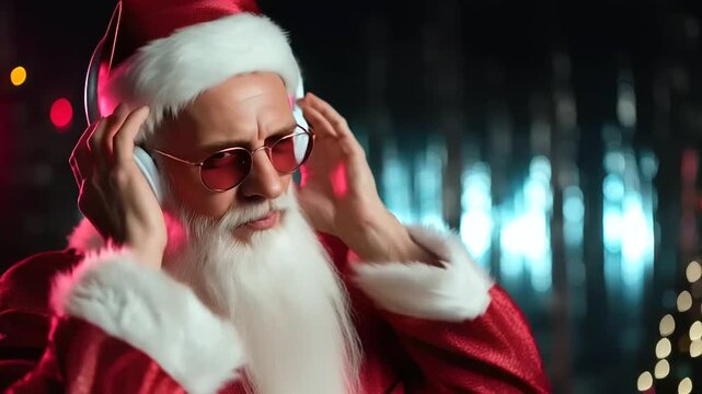 cool santa claus listening to music in headphones, stylish holiday mood, cyberpunk christmas theme