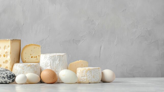Cottage cheese, cheese, milk, and eggs are displayed in wooden bowls, showcasing fresh dairy products with herbs for garnish - Powered by Adobe