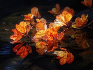 Vibrant orange foliage branch floating tranquil water autumn colors reflection nature detailed leaves dark background