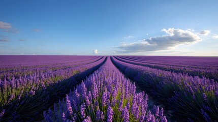 Lavender Field Rows Under Blue Sky Scenery Summer Farm Aroma Agriculture, Blooming Purple Flowers Cultivation in Provence, Floral Landscape at Valensole Plateau